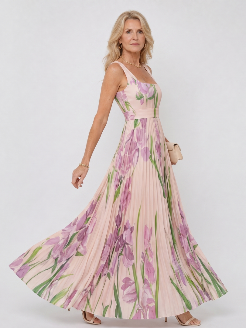 Janina | Satynowa sukienka midi bez rękawów, z kwadratowym dekoltem i eleganckimi zakładkami