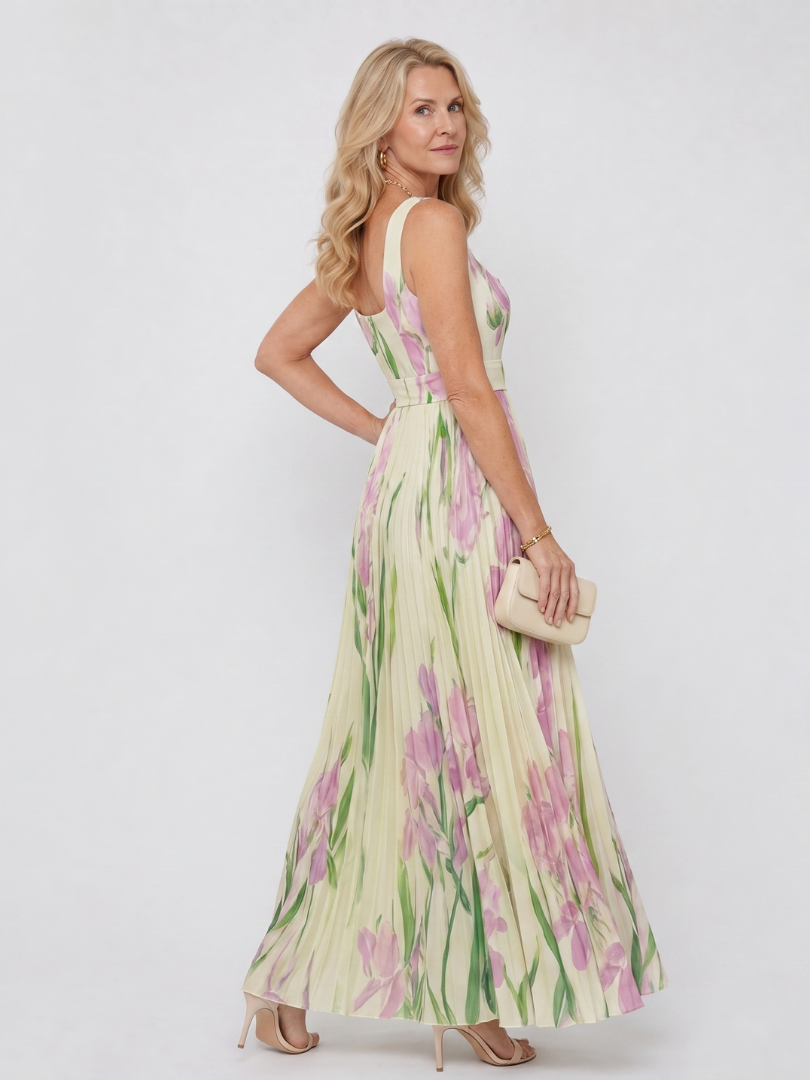 Janina | Satynowa sukienka midi bez rękawów, z kwadratowym dekoltem i eleganckimi zakładkami