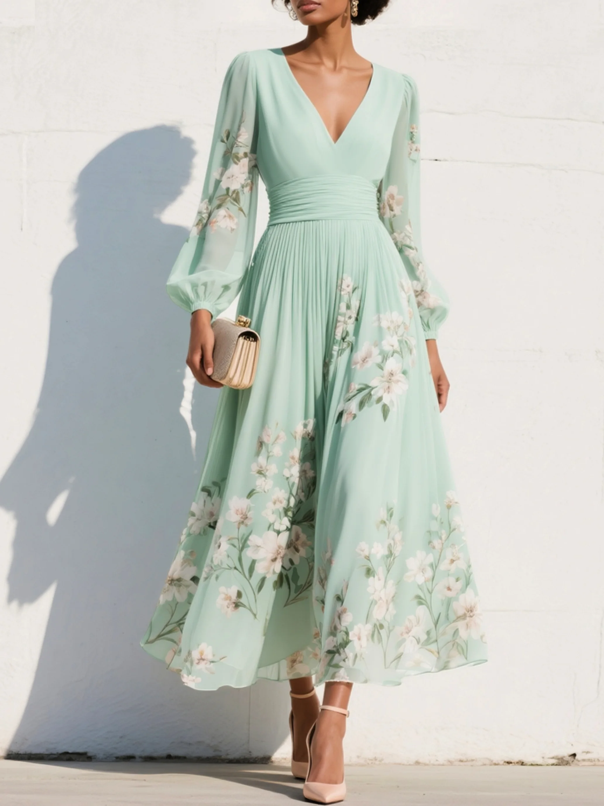 Nelka | Plisowana sukienka maxi w kwiaty